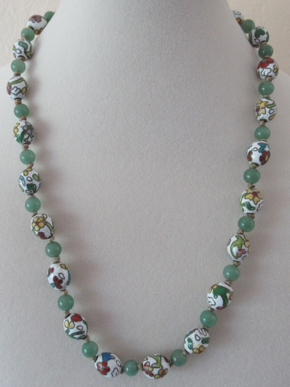 Vintage Hand Painted Cloisonne and Aventurine Beaded Necklace
